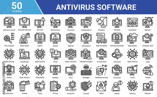 Antivirus icon set with virus scan, malware, ransomware, spyware and cyber security protection. Ideal for network security, data protection and digital safety concepts.