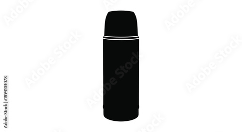 A stark black silhouette of a cylindrical thermos flask against a white background silhouette