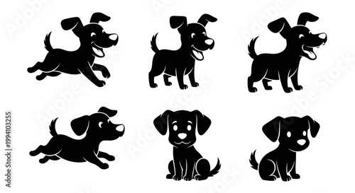 Set of Cute Puppy Silhouettes in Various Poses