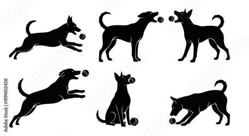 Set of silhouettes of dogs playing with tennis balls