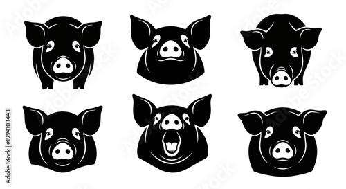 Set of Pig Head Silhouettes Vector Icons