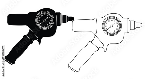 Two grease gun illustrations one black one white with pressure gauges