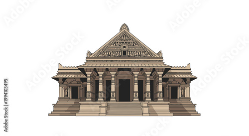 Ornate Temple Facade with Detailed Carvings and Staircase Access