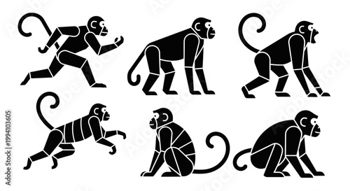 Monkey Silhouettes in Various Poses - Vector Graphic Animal Set