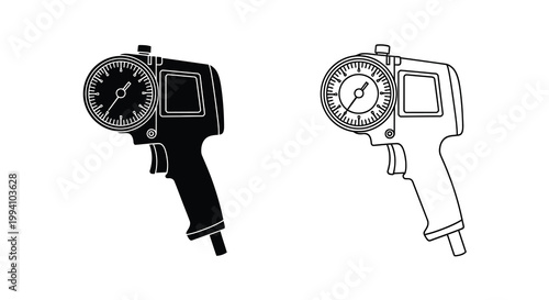 Two illustrations of a black and white tire pressure gauge