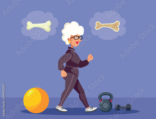 Elderly Woman Prevents Osteoporosis by Exercising and Lifting Weights. Determined senior woman choosing a healthy lifestyle going to the gym preventing aging side effects
