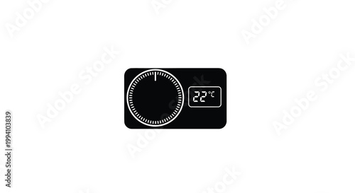 Black digital thermostat displaying temperature and timer dial on white background