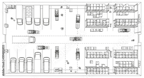 Aerial view of a logistics distribution center with trucks and warehouses.