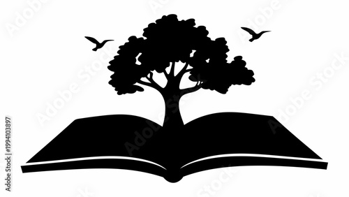 Symbolic silhouette of a mature tree with lush foliage growing from an open book representing knowledge growth nature and learning with two birds flying in the white background