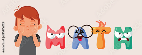 Little Boy Scared of Math Vector Illustration. Student being scared by the algebra class at school