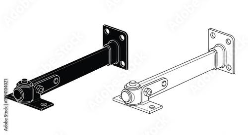 Black and white illustration of a metal swing arm bracket with bolts