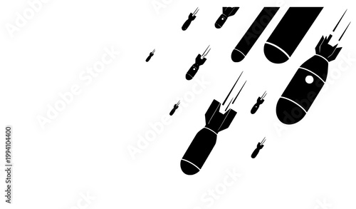 Falling nuclear bomb silhouettes vector illustration with minimal war concept and dramatic descending shapes