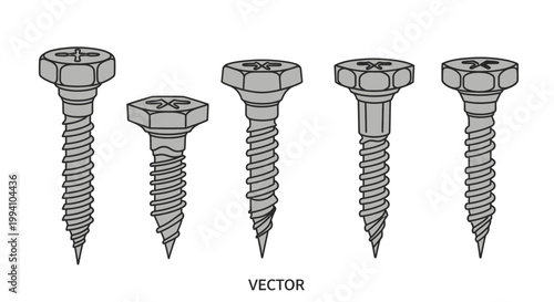 Five metal screws with hex heads.