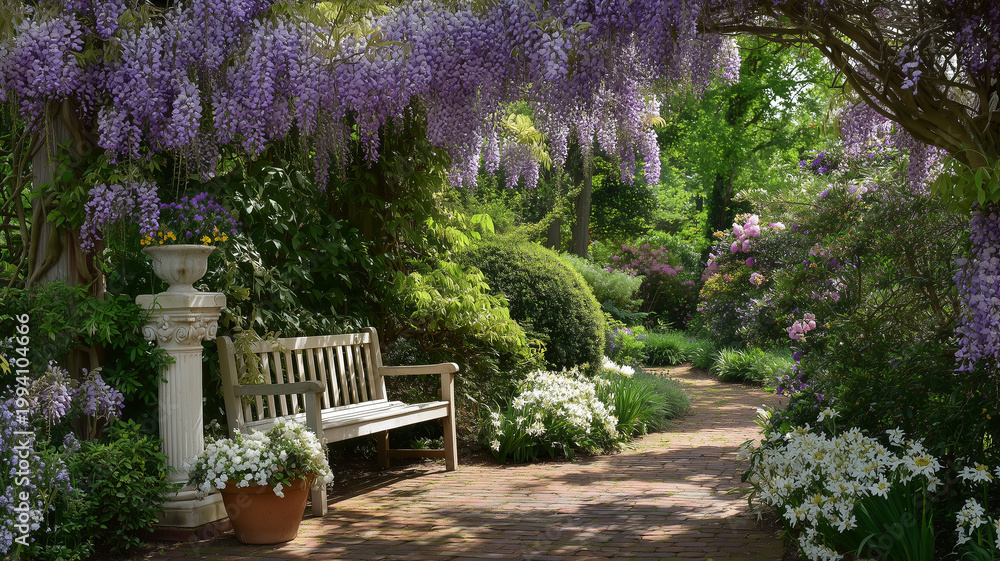 Obraz premium A full shot, eye level image capturing a romantic garden scene with a light colored wooden bench. abundant purple wisteria blossoms hang from above, of the composition. Ai generat