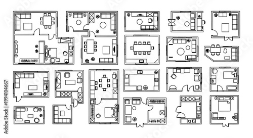top view architectural floor plans displaying various interior design layouts and furniture symbols ideal for home planning and blueprint projects.