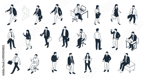 isometric business people in suits diverse professionals in various work situations