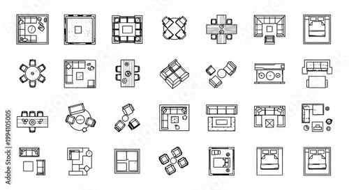 architectural furniture symbols floor plans and interior design top view vector icons for layout planning.