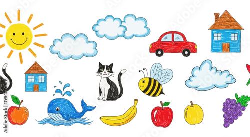 colorful hand-drawn collage of cute childrens drawings featuring sun animals fruits and houses on a white background for early education.