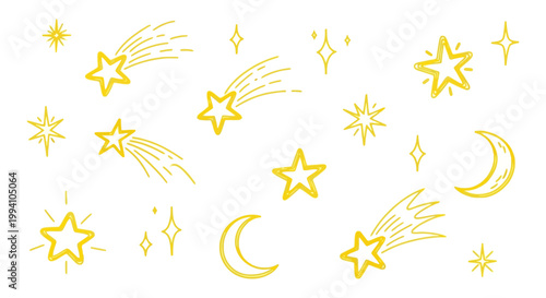 handdrawn yellow stars shooting stars and crescent moons create a whimsical celestial pattern perfect for decorative backgrounds.
