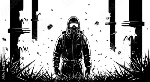 hazmat suit person with gas mask in a toxic environment representing contamination and post-apocalyptic industrial disaster