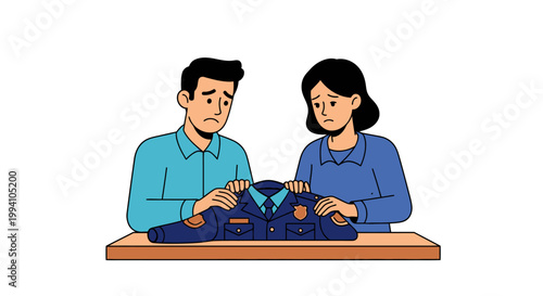 Grieving Couple Examining Military Uniform on Wooden Table.