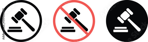 Judge gavel icon set, minimalist justice and law icons featuring gavel and prohibition symbol for legal system court ruling and regulation design.