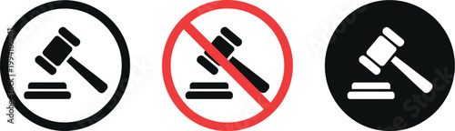 Judge gavel icon set, prohibition symbol with legal hammer icons representing court law restriction and justice system warning design.