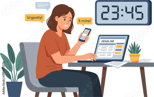 A woman sits at a desk working on laptop and checking phone urgently at home.