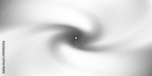Black concentric circle texture. Radial geometric pattern background. Linear epicenter, radar, target concept. Round rippled halftone ring wallpaper for brochure, template, poster, overlay. Vector