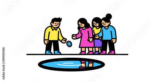 Group of People Observing a Ball Hovering Above Water.