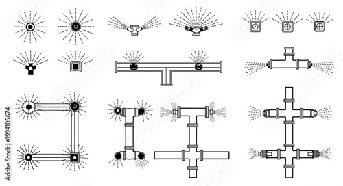 Collection of irrigation sprinkler system diagrams and icons.