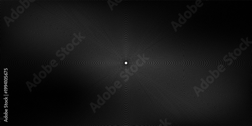 Black concentric circle texture. Radial geometric pattern background. Linear epicenter, radar, target concept. Round rippled halftone ring wallpaper for brochure, template, poster, overlay. Vector
