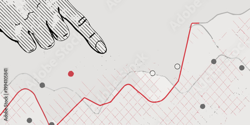 A hand points towards a rising graph with data points and lines