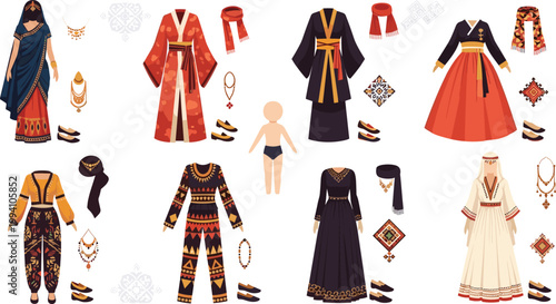 
Traditional World Cultural Costume Set with Asian, Indian, Arabian, and Ethnic Fashion Outfits and Accessories for Paper Doll Designs