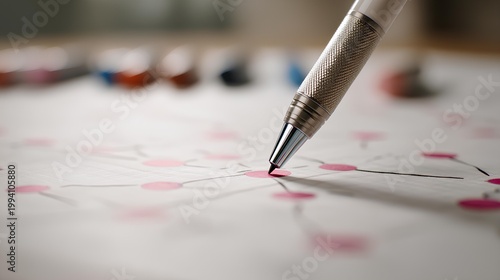 Brainstorming Session: A close-up view captures the intricate details of a pen meticulously tracing connections on a map of ideas, illustrating the essence of strategic planning, thought organization.