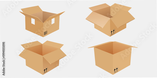 Four cardboard boxes displayed in various stages of assembly