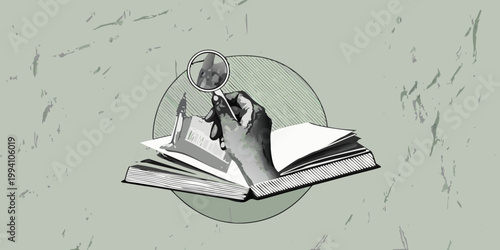 A hand holds a magnifying glass over an open book investigating details