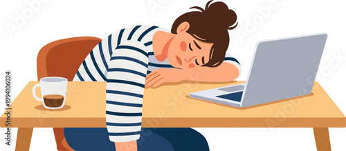 Woman falls asleep at desk with laptop and coffee cup nearby suddenly