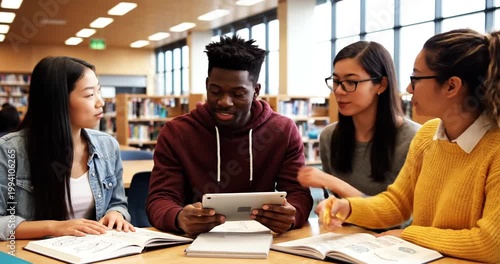 Group of four diverse students collaborating on a tablet in a bright library setting