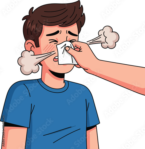 Cartoon illustration of a boy blowing his nose into a tissue held by someone.