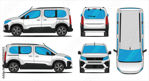 Car vector of a white MPV vehicle of the rifter type with various views. Side, front, rear, and top angles, isolated on a white background. Vector designs