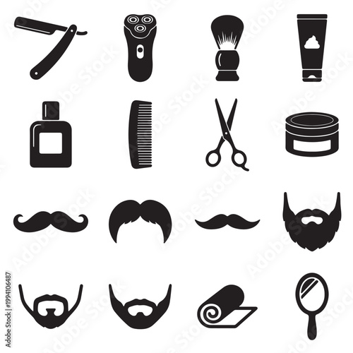 Set of 16 Men's Grooming and Barbershop Silhouette Icons, Clean Flat Vector Style for Male Styling Concept.