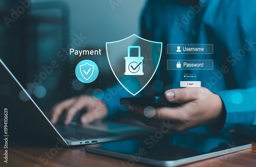Secure online payment concept with cybersecurity protection, user login authentication, mobile banking transaction, data encryption, digital identity verification for safe financial technology usage.