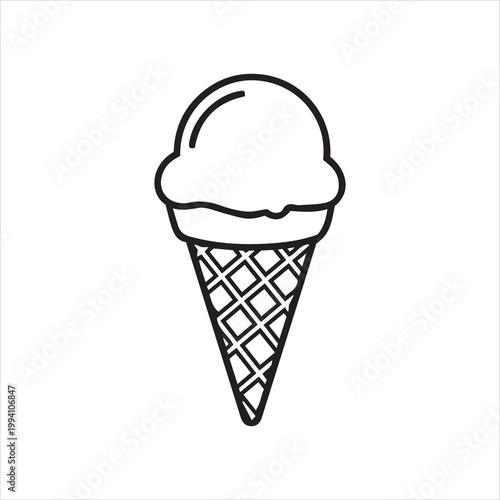 Simple black and white outline drawing of a single scoop of ice cream in a waffle cone. Sweet frozen dessert illustration