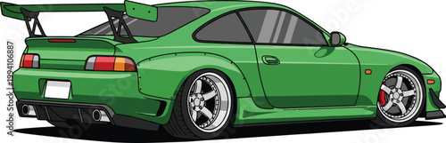 Green modified Japanese sports car with widebody kit and rear wing.