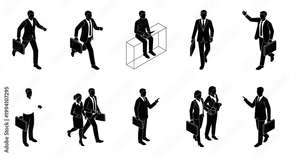Fototapeta premium group of diverse business people in silhouette running with briefcases 3d isometric view