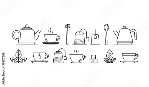 Minimal tea icons vector collection with teapot cup and tea accessories in outline style isolated on white