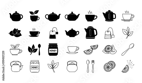 Tea icon set vector with teapot cup kettle and tea accessories isolated on white background