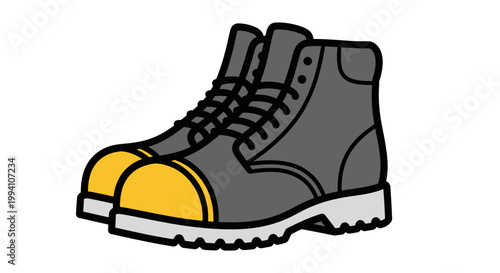 Gray boots with yellow toes.