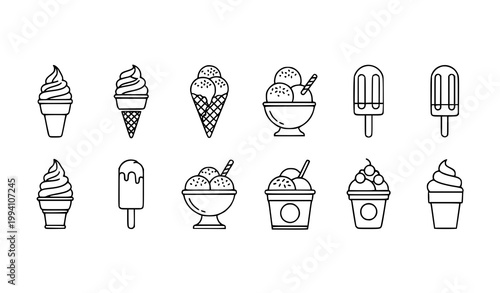 Minimal ice cream icons vector collection with cones popsicles and sundaes isolated on white